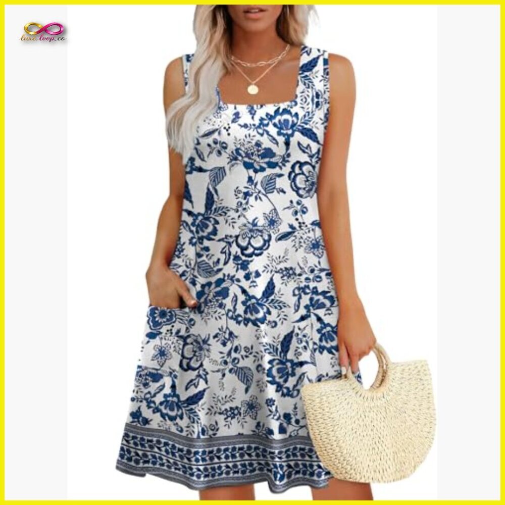 Square Neck Tank Dress Loose Swing Sundress with Pockets Casual Summer - Picture 2 of 7